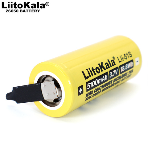 Liitokala – batterie Rechargeable Li-ion 26650, 5100mAh, 3.7v, décharge 20a, 3.6V, avec feuilles de Nickel à faire soi-même ► Photo 1/5
