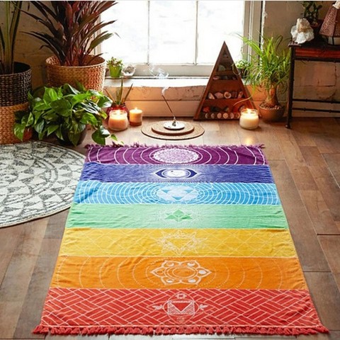 Écharpe à rayures arc-en-ciel, style bohémien, couverture de Mandala indien, tapisserie colorée d'été, serviette de plage, tapis de Yoga, 7 chakras ► Photo 1/4