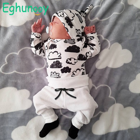 Set de vêtements à motif imprimé nuage pour bébés nouveaux-nés garçons, tee-shirt en coton à longues manches, pantalon décontracté de couleur unie, bonnet, ensemble de 3 pièces ► Photo 1/6