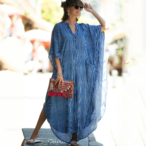 Robe de plage longue bleue, Kaftan, tunique pour femmes, vêtements de plage imprimés, Cover-up pour les maillots de bain, été, 2022 ► Photo 1/6