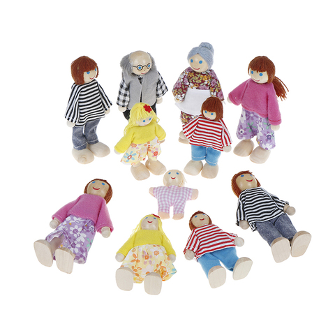Petit ensemble de jouets en bois heureux maison de poupée famille poupées chiffres habillés personnages enfants enfants jouant poupée cadeau enfants semblant jouet ► Photo 1/6