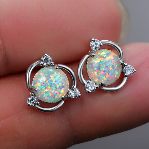 Mignon femme blanc opale boucles d'oreilles à la mode arc-en-ciel rond zircone boucles d'oreilles pour les femmes délicat mariée argent boucles d'oreilles de mariage ► Photo 1/6