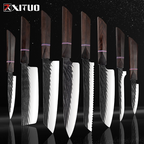 XITUO 8 ensembles couteaux de cuisine à la main forgé japonais couteau de Chef pointu 440C acier couperet Kiritsuke Santoku utilitaire couteau d'office ► Photo 1/6