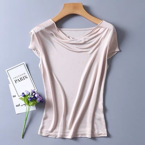 T-shirt à col drapé pour femme, haut en tricot, 50% soie, 50% Viscose, 8 couleurs, SJ305, M-2XL ► Photo 1/6