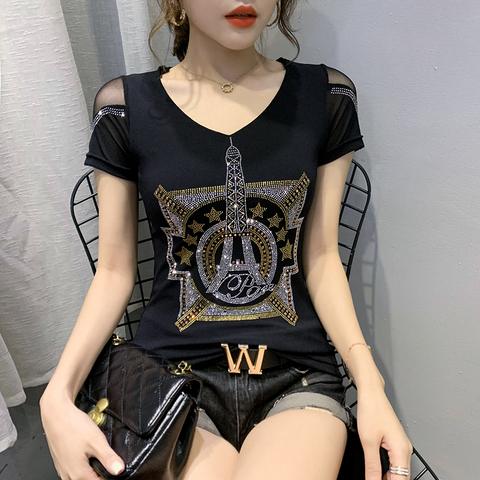 T-shirt pour femme, vêtement coréen, Sexy, à la mode, avec diamants, tour Eiffel, en Nylon, dos, 2022, T04817 ► Photo 1/6