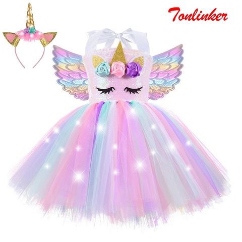 Filles noël Halloween licorne paillettes Costume lueur robe enfants arc-en-ciel maille fleur Tutu robes de fête princesse Cosplay robe ► Photo 1/6