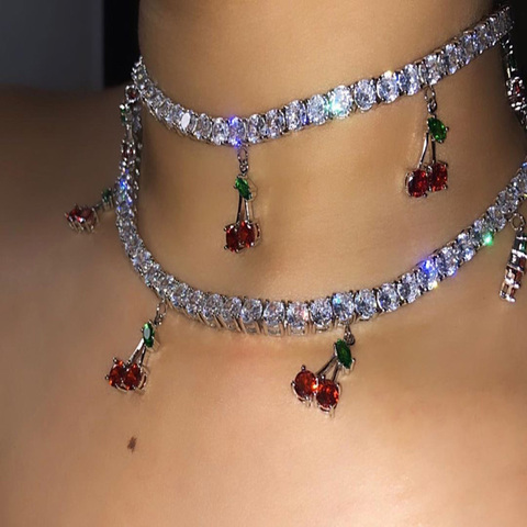 YWZIXLN-colliers en strass, pendentif cerises, style Boho, Bijoux à la mode, chaîne ras du cou, collier en cristal pour filles, hip-hop, N083 ► Photo 1/4