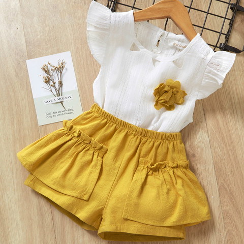 Bébé filles vêtements ensemble 2022 été Flare manches enfants vêtements blanc T-shirt et Shorts pour fille enfants vêtements 2 5 6 ans ► Photo 1/6