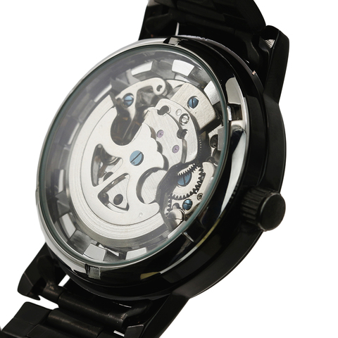 Montre mécanique en acier noir, montre avec cadran de squelette creux, modèle montre pour hommes ► Photo 1/6