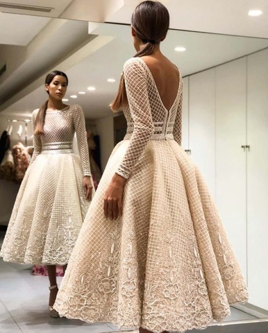 Élégant Bige couleur dentelle robes de soirée pleine manches v-back thé-longueur robe de bal a-ligne 2022 Illusion ееееноеееееееееееееноенннннннннноннннннннннннннннноннонно ► Photo 1/1
