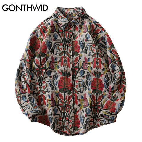 GONTHWID – chemises tribales indiennes à manches longues, boutons, Streetwear, Hip Hop, décontracté, motifs de fleurs, manteaux, sud-ouest Aztec ► Photo 1/6