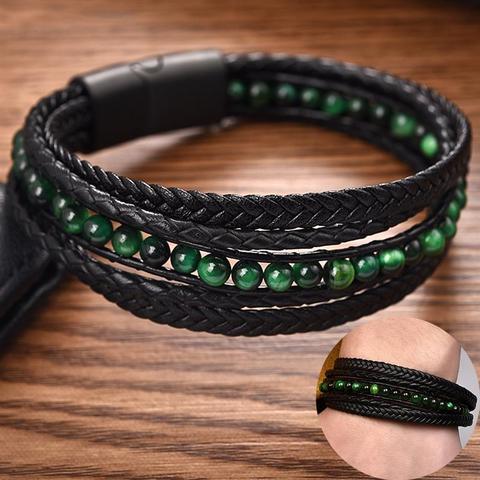 Jiayiqi hommes Bracelets pierre naturelle multicouche cuir tressé Bracelet vert perles Bracelet Vintage homme bijoux Bracelet cadeau ► Photo 1/6