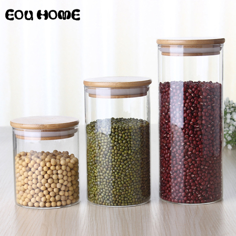 Bocaux de stockage hermétiques en verre, 450/650/950ml, avec couvercle en bambou, multi-usages, pour graines, feuilles de thé, café, Grains, bonbons ► Photo 1/6