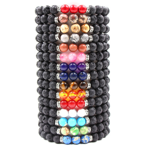Bracelets Chakra en pierre naturelle, perles de lave noire pour femmes et hommes, équilibre, Yoga, bijoux de prière de bouddha ► Photo 1/6