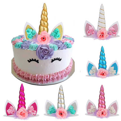 Décoration de gâteau en corne de licorne pour fête d'anniversaire, fournitures de fête d'anniversaire pour enfants, décor de fête prénatale pour mariage ► Photo 1/6