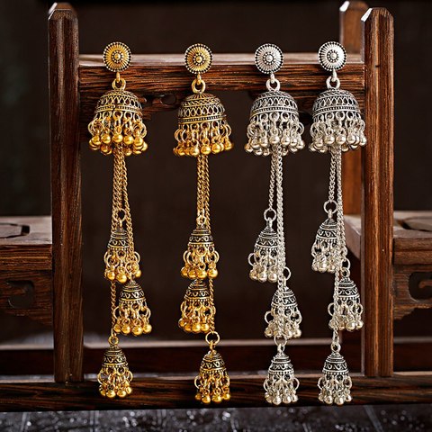 Rétro Bollywood oxydé Femmes Jhumka indien boucles d'oreilles Femmes 2022 ethnique or argent couleur afghane cloche longue gland boucles d'oreilles goutte ► Photo 1/6