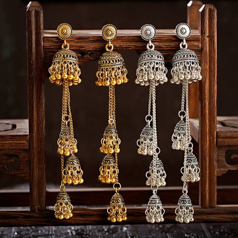 Rétro Bollywood oxydé Femmes Jhumka indien boucles d'oreilles Femmes 2022 ethnique or argent couleur afghane cloche longue gland boucles d'oreilles goutte ► Photo 1/6