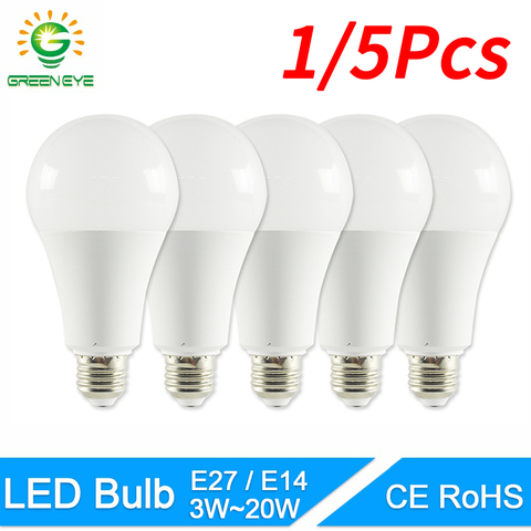 GreenEye 1 pièce/5 pièces LED Ampoule lampes à intensité variable E27 E14 20W 18W 15W 12W 9W 5W 3W AC220V 240V puissance réelle Lampada LED Bombilla Ampoule ► Photo 1/6