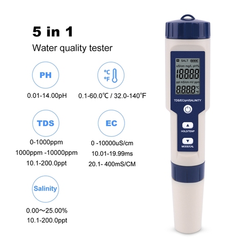 Testeur d'eau numérique professionnel 5 en 1 PH/TDS/EC/salinité/testeur de température stylo compteur multifonction étanche ► Photo 1/6