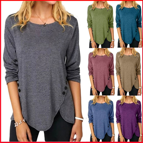 Bouton O Cou À Manches Longues Tunique T-Shirt Femmes Vêtements Couleur Uni Ample Décontractée Irrégulière Longue Pulls Hauts Tee Shirt Femme ► Photo 1/6