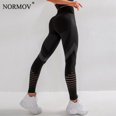 NORMOV – Legging fitness noir taille haute sans couture pour femme, caleçon de sport push-up ajouré et aéré, à séchage rapide ► Photo 1/6