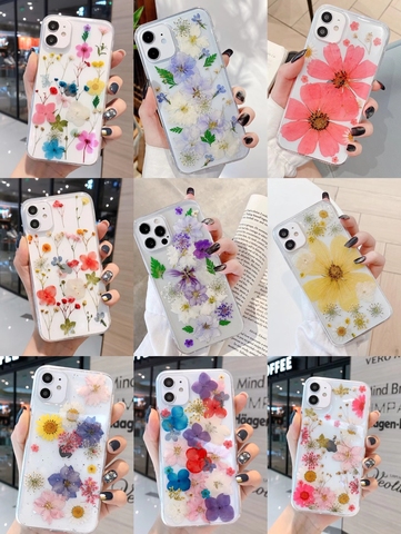 Pour iphone 12 cas Vraie Fleur Sèche Téléphone Étui souple pour iPhone X XS XR XS Max 6 6s 7 8 plus 11 12 mini Pro Max SE Fait Main couverture ► Photo 1/6