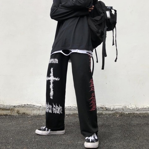 QWEEK Punk Hippie pantalon large femmes gothique Harajuku pantalon coréen Streetwear Graffiti Anime pantalon ample Goth pantalon mode ► Photo 1/6