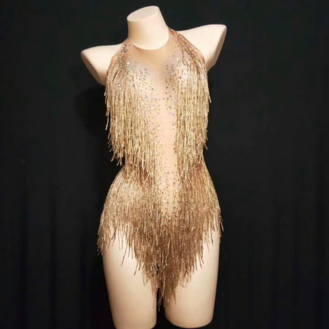 Justaucorps à franges et strass pour femme, vêtements de danse