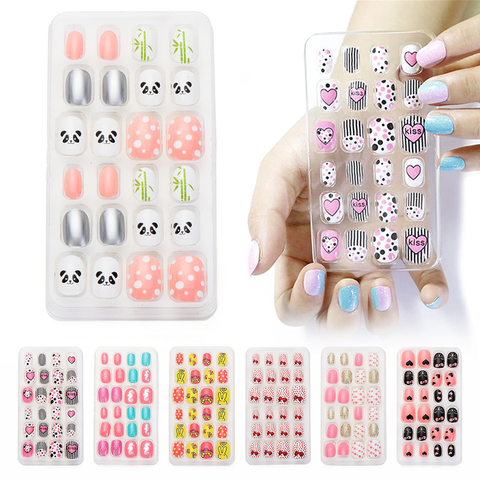 24 pièces/lot bonbons faux ongles conseils presse sur enfants dessin animé couverture complète enfant colle auto faux ongles Art pour filles manucure outil ► Photo 1/6