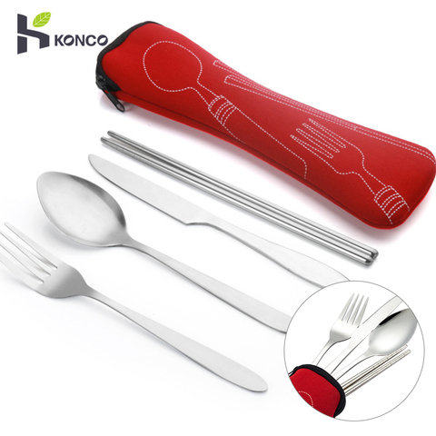 Konco boîte à Bento en acier inoxydable | Couverts Kit de vaisselle Portable, couteau fourchette cuillère baguettes couverts de pique-nique de voyage ► Photo 1/6