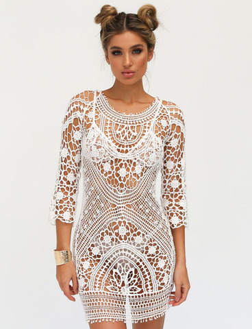 Robe de plage blanche en dentelle pour femmes, Cover-Up, tunique, vêtement de plage, détail Crochet, dos nu, maillot de bain, maillots de bain femmes ► Photo 1/6