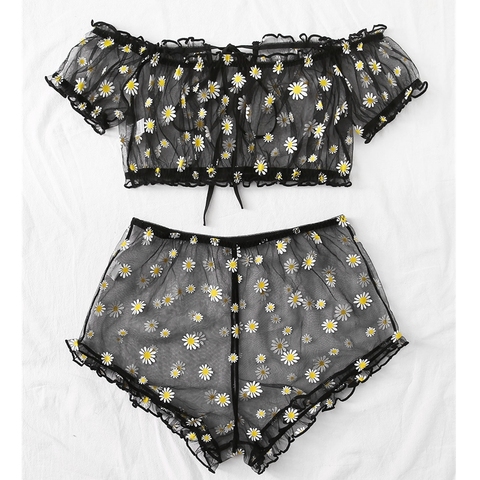 Ensemble 2 pièces Sexy à fleurs pour femmes, Lingerie transparente, haut + short, culotte, nuisette, vêtements de nuit ► Photo 1/3