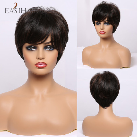 EASIHAIR – perruque de Cosplay synthétique courte, noire, lisse, à reflets bruns, avec frange Pixie, en Fiber de haute température, pour femmes ► Photo 1/6