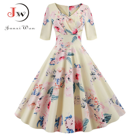 Robe imprimé à fleurs pour femmes, à demi-manches, élégante, Vintage, grande taille, pinup, Robe de soirée bureau, automne hiver décontracté ► Photo 1/6