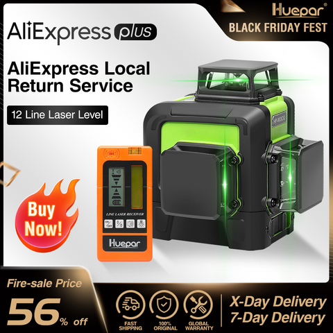 HUEPAR – Niveau laser 3D avec 12 lignes verte croisées auto-nivelant, 360º vertical horizontal, avec un récepteur LCD numérique ► Photo 1/6
