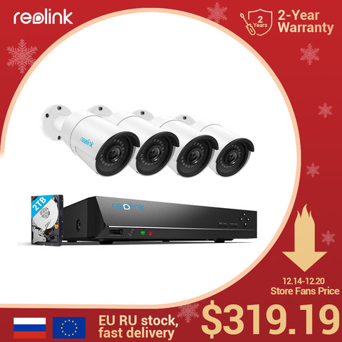 Système de caméra Reolink 4MP 5MP 8ch PoE NVR et 4 caméras IP PoE Kit de Surveillance vidéo HD extérieur 2 to HDD RLK8-410B4 ► Photo 1/6