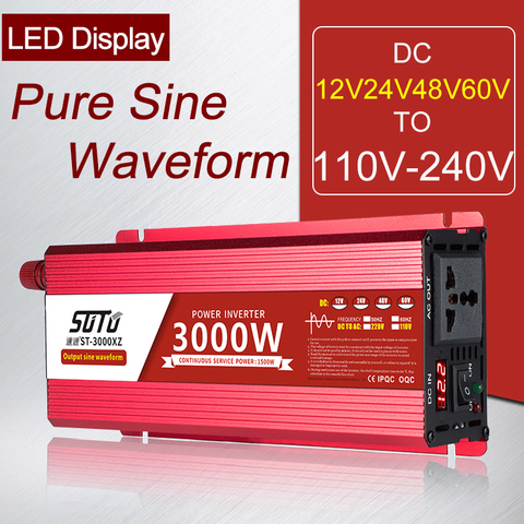 Onduleur universel DC 12V24V48V60V à 110V-240V LCD écran onduleur 1600W/2200W/3000W pur sinus forme d'onde convertisseur de puissance 50/60HZ ► Photo 1/6