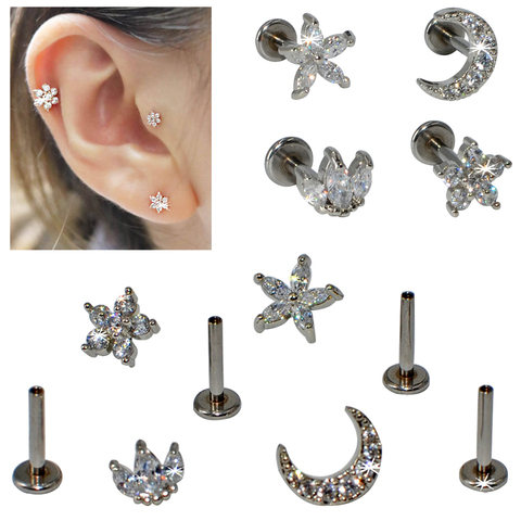 1PC G23 titane & acier 16G CZ gemme lune Labret lèvre barre anneau cristal fleur oreille Cartilage Tragus hélice Piercing vis ajustement haut 16g ► Photo 1/6