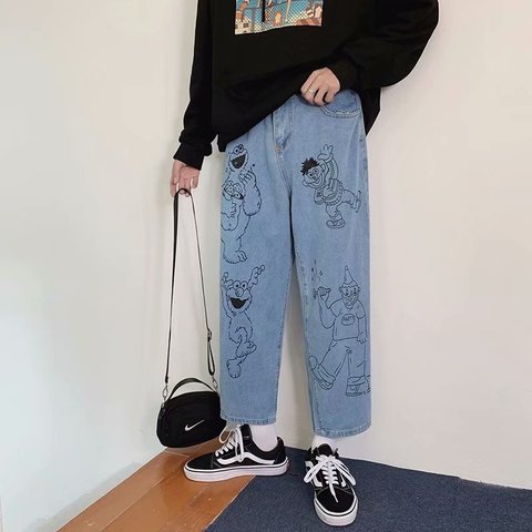 BLEU-M] Jeans imprimés de dessin animé de printemps, pantalon droit à la  cheville pour hommes