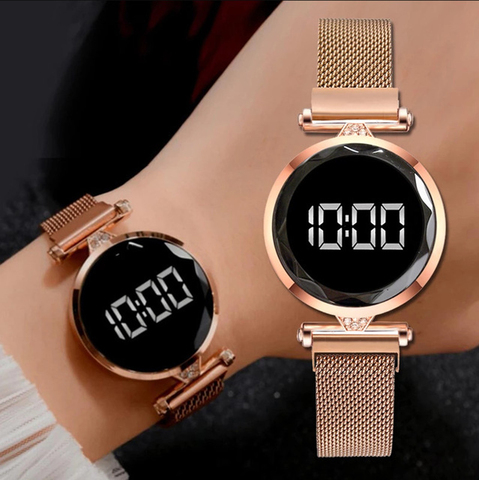 Montre magnétique numérique de luxe pour femmes, en acier inoxydable, or Rose, à Quartz, livraison directe ► Photo 1/6