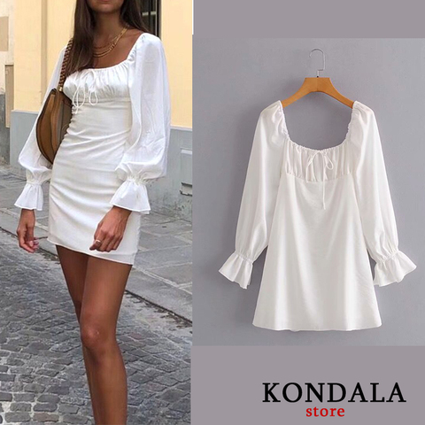 Mini robe Sexy à volants pour femme, col oblique, couleur unie, couleur unie, Mini robe de soirée à manches longues évasées à nœud papillon ► Photo 1/6