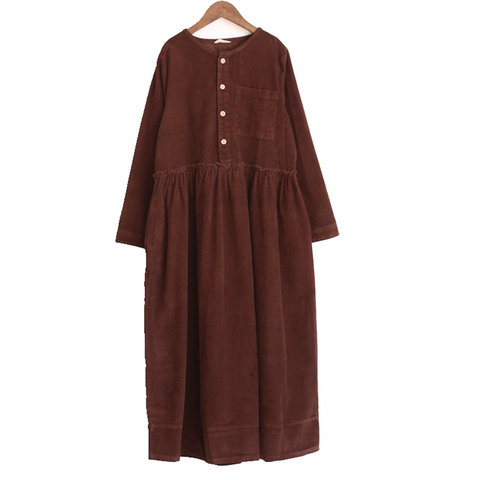 Johnature – robe Vintage en velours côtelé pour femmes, couleur unie, taille haute, manches longues, col rond, Style chinois, nouvelle collection printemps 2022 ► Photo 1/6