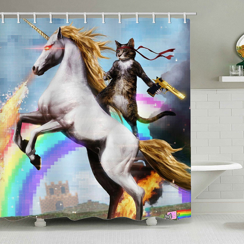 Rideau de douche chat Hero licorne avec pistolet, 12 pièces, rideaux de bain, pour baignoire, couverture de bain, crochets Extra larges ► Photo 1/5