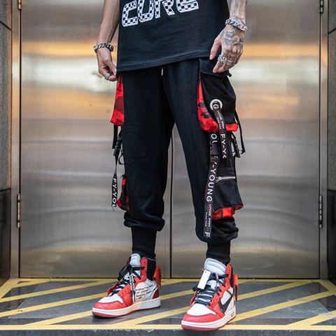 Pantalon cargo pour homme, style hip hop noir, survêtement, avec rubans, streetwear, sarouel, à la mode, pour femme également ► Photo 1/6