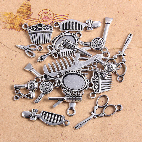 Pendentif à breloques en argent tibétain unisexe, 20 pièces, ciseaux/sèche-cheveux/peigne/miroir/bigoudis, accessoires de bijoux pour bricolage de collier ► Photo 1/6