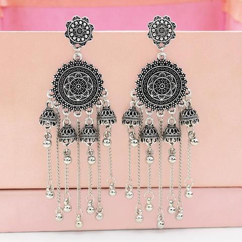 Jhumka – boucles d'oreilles indiennes pour femmes, Boho, Vintage, couleur argent, métal, longues pampilles, grands pendentifs de mariage, gitane africaine ► Photo 1/6