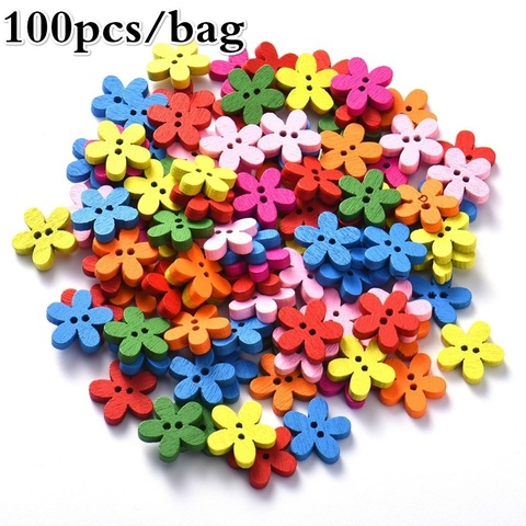 Boutons décoratifs en bois à fleurs mixtes, 100 pièces, 14x15mm, 2 trous, multicolores, adaptés à la couture, Arts et artisanat ► Photo 1/6