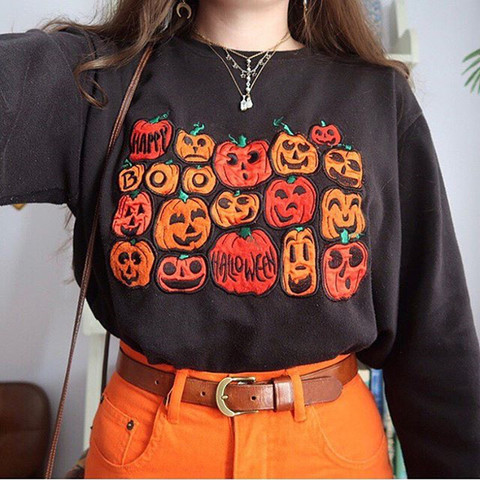 Citrouille Halloween Sweat Imprimé Femmes Décontracté À Col Rond À Manches Longues Pulls Streetwear Automne Lâche Sweat Hauts Moletom ► Photo 1/6