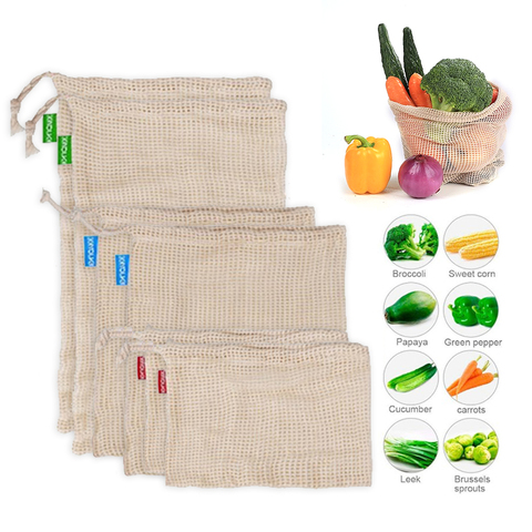 Sac de rangement de légumes, 3 pièces, sac en maille de coton réutilisable écologique, sac de fruits et légumes, sac de Shopping Portable avec cordon ► Photo 1/6