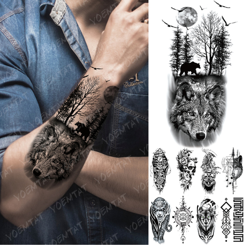 Autocollant de tatouage temporaire imperméable forêt lune oiseau volant ours tatouages Flash léopard loup tigre Art corporel bras faux Tatoo hommes ► Photo 1/6